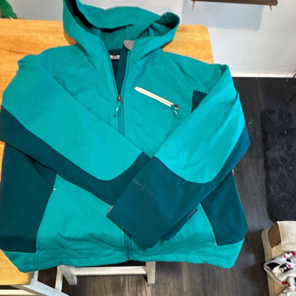 FreeTech Women's Deep Aqua Softshell Hooded Full Zip Jacket Pockets Size L